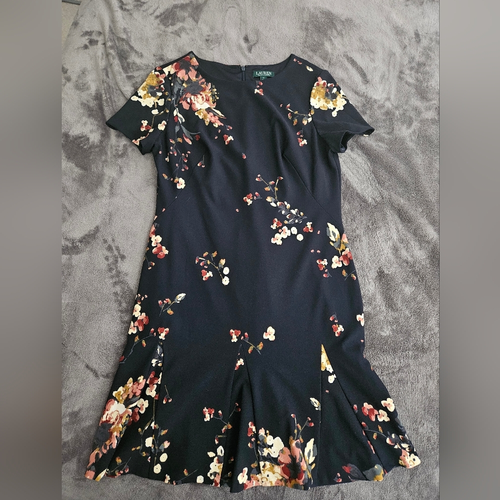 Floral-Print Crepe Dress - Lauren Woman SIZE 14 Navy Blush